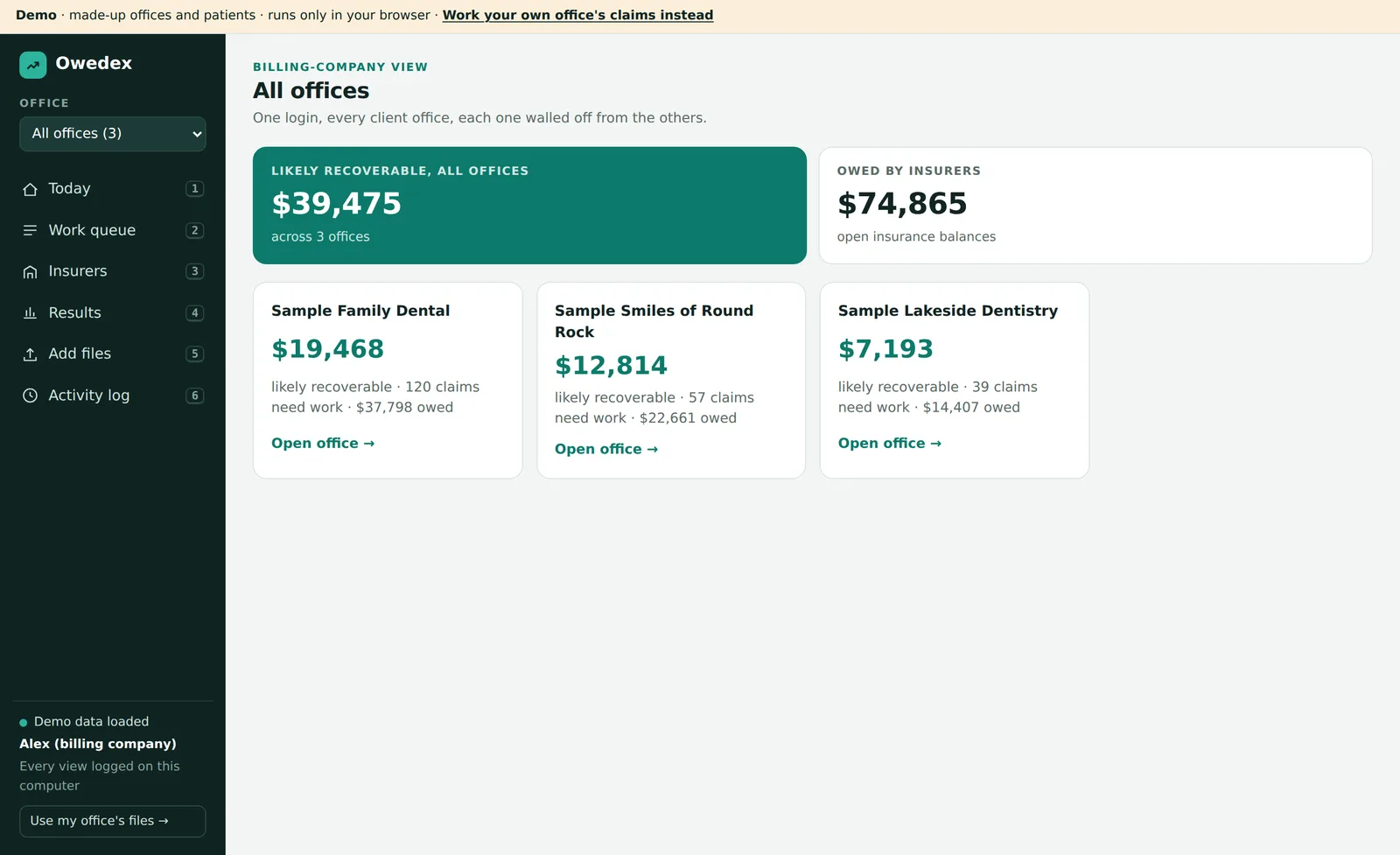 Owedex billing-company view: likely recoverable across three client offices
